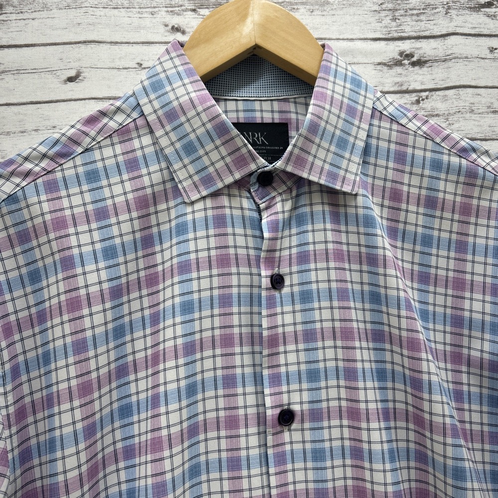 WRK Men's 15 1/2 Shirt 4-Way Stretch Blue Plaid Button-up Flipped Cuff